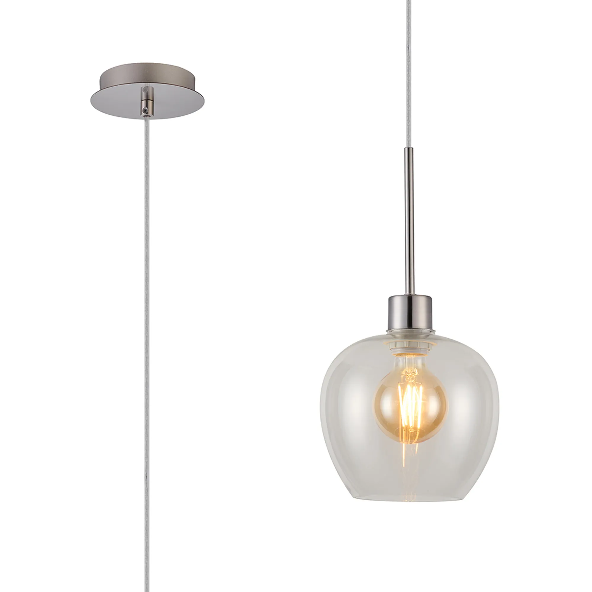 DK1358  Lori 1.7m Single Pendant, 1 Light Adjustable E27, Satin Nickel/Clear Wine Shades
